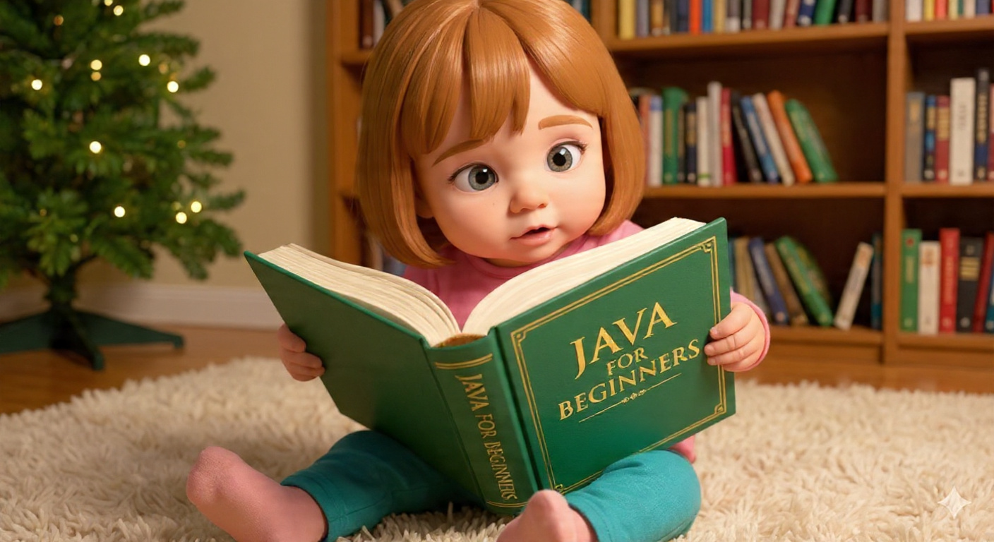 Charlie reading her Java book under the Christmas tree